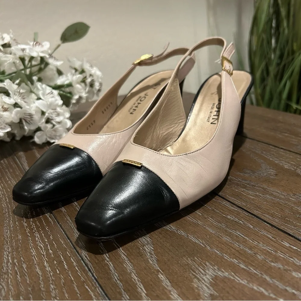 St. John Slingback Black / Tan Leather Heels Size 10 Made in Italy